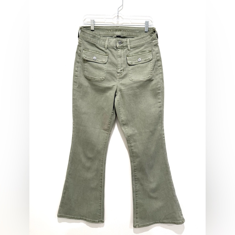 American Eagle Olive Long High-Rise Stretch Pockets Flare Denim Jeans Size 10